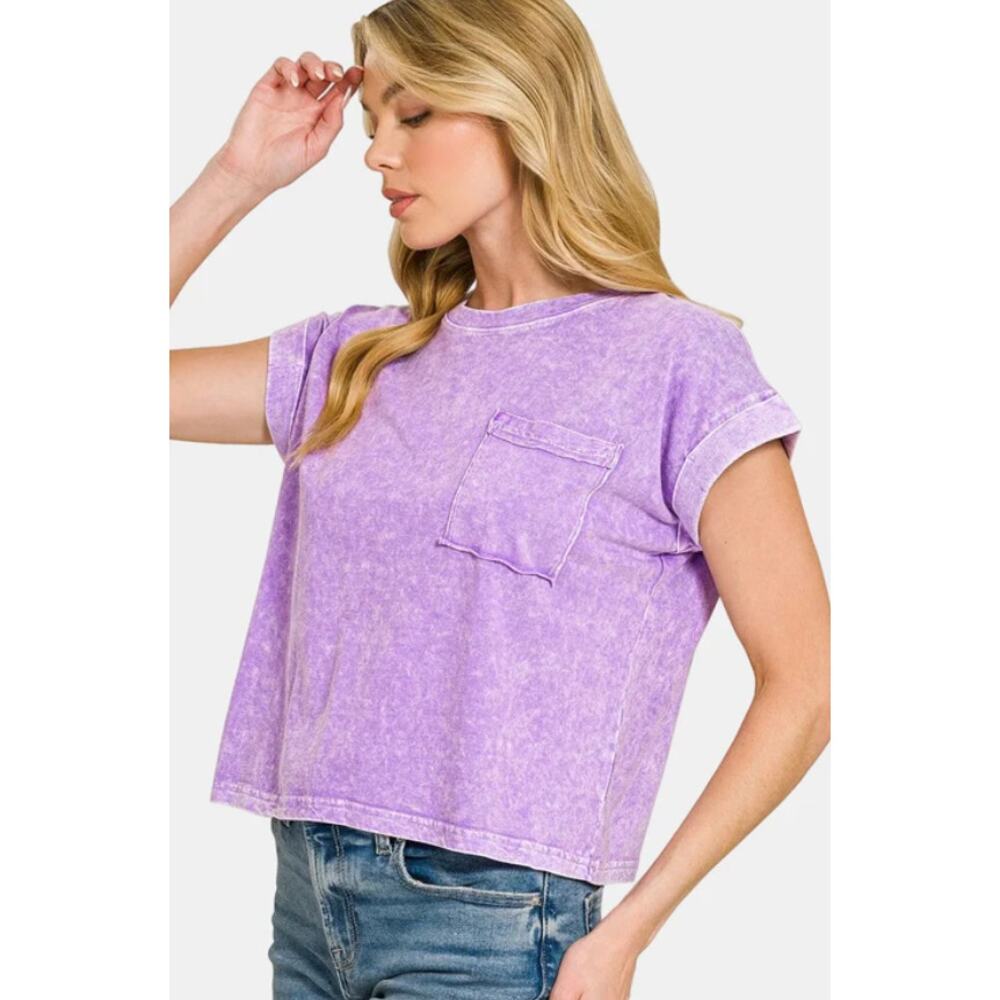 Zenana Mineral Wash Purple Crop Tee M Cotton Boxy Pocket Top NWT